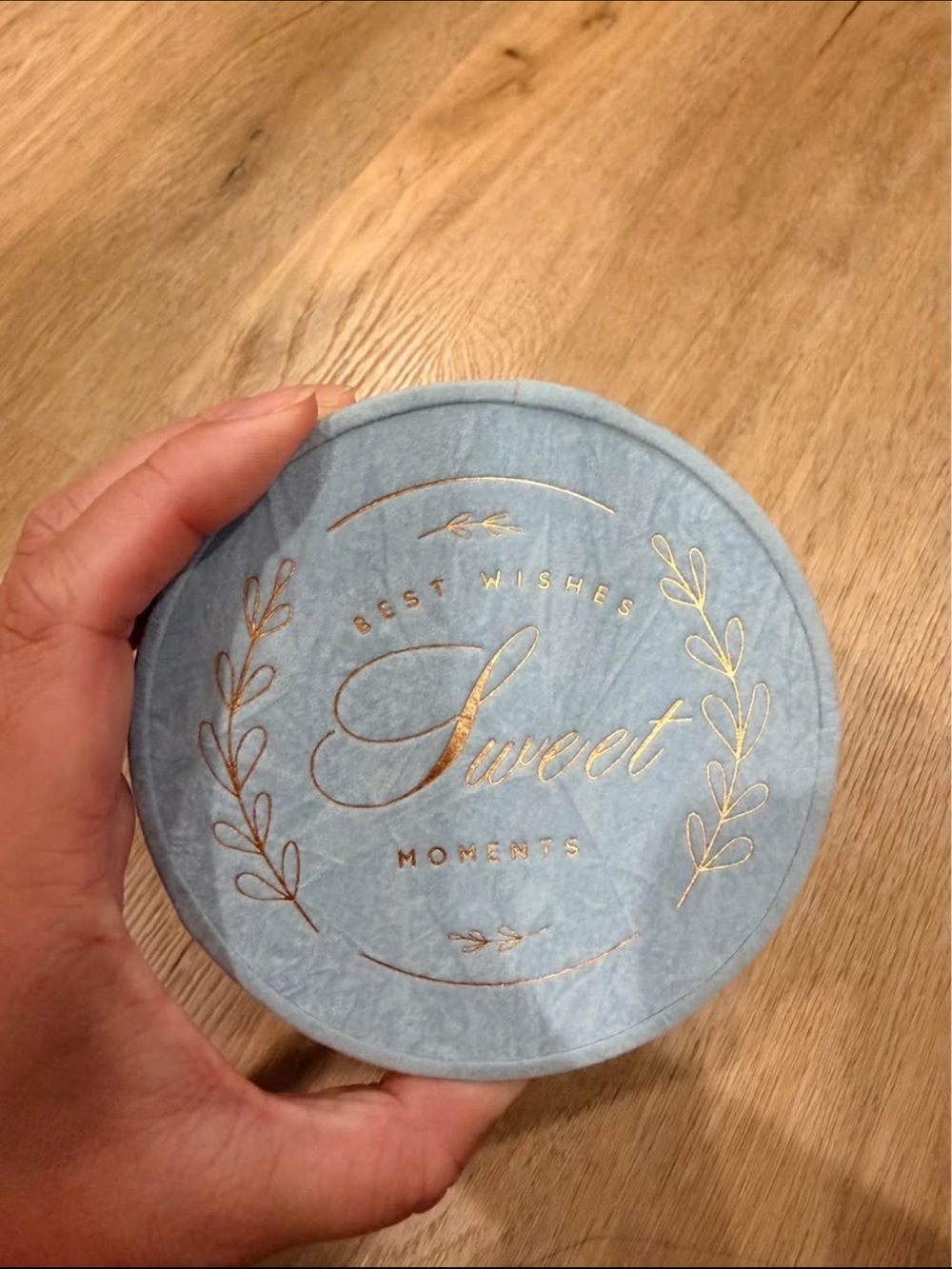 Blue Round Trinket Box with Gold Foil 'Sweet' Design
